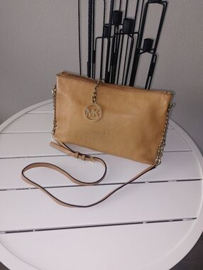 "Michael Kors" Camel Leather Crossbody with Gold MK Charm